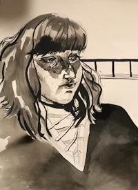 a black and white drawing of a woman with long hair