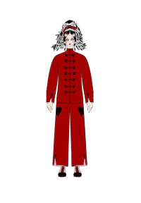 a woman in a red coat is standing on a black background