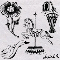 a black and white drawing of a carousel, flowers, and a horse