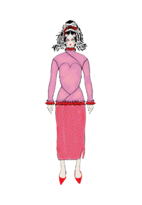 a woman in a pink dress is standing on a black background