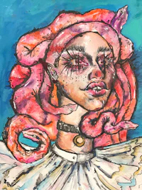 a painting of a woman with pink hair and a snake on her head