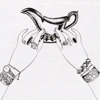 a drawing of two hands holding a vase