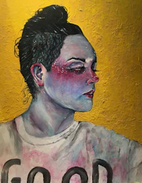 a painting of a woman with a t - shirt saying good luck
