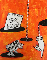 a painting of a fish hanging from a chain