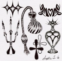 a black and white drawing of various objects