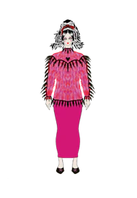 a woman in a pink dress with feathers